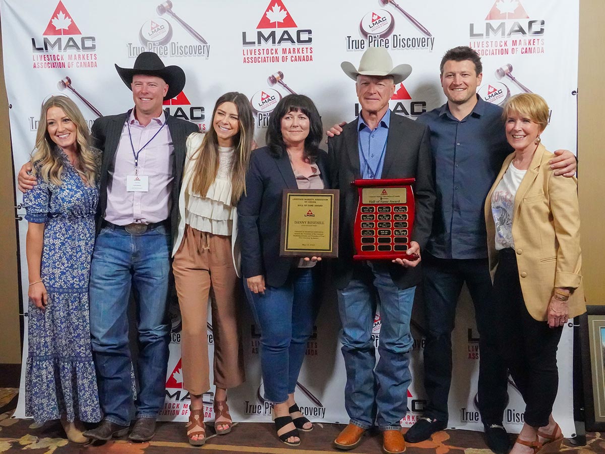 Danny Rosehill (third from right) and his family during his induction into the LMAC Hall of Fame at the 2023 LMAC convention in Olds, Alberta.