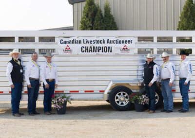 Live Auction Judging Team (left to right): BARRY BIELENY - Lazy Anchor U Cattle Co. Order Buyer, Killam, Alberta; MIKE VAN MAANEN – President of Livestock Markets Association in the USA, Bowling Green, Missouri; LARS DELEEUW – 2024 LMAC Auctioneering Champion, Harley, Ontario; WARD CUTLER – 2005 LMAC Auctioneering Champion, Virden, Manitoba; ROSS ANNENTT – 2004 LMAC Auctioneering Champion, Brooks, Alberta; KIRK JACKSON – Cattle Producer representing Canadian Cattle Association and Beef Producers of Quebec, Saint-Anicet, Quebec
